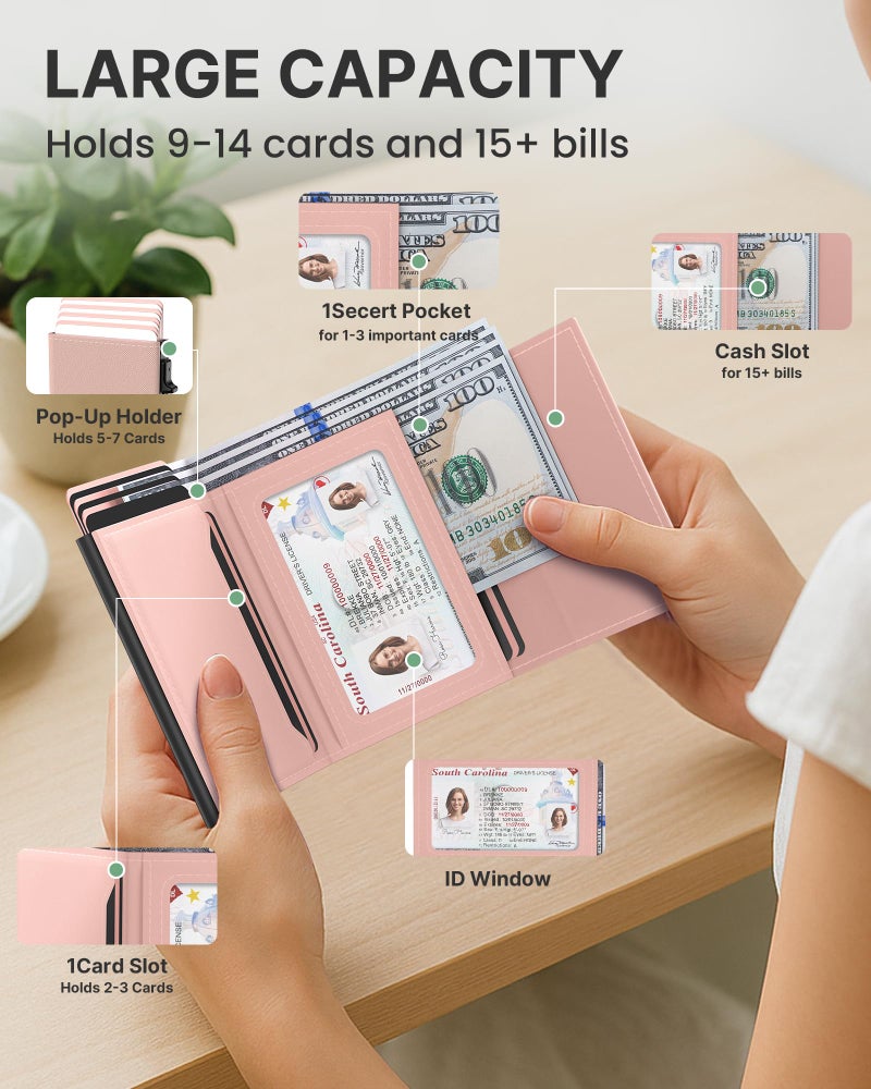typecase Womens Wallet Card Holder: Pop Up Card Case, Genuine Leather, RFID Blocking, Slim, Minimalist, Thin, Small Size - 9-14 Card Capacity, ID Window, Cash Pocket (Blush Pink) - Image 3