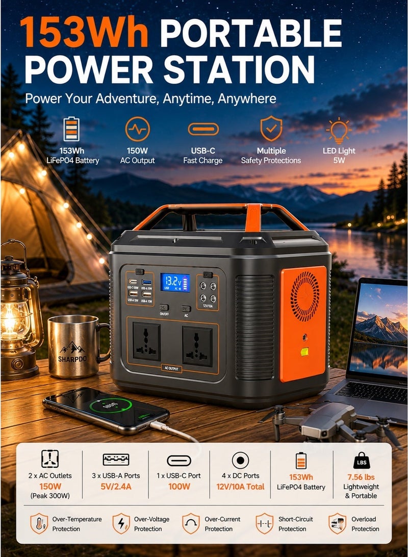 شاربدو محطة طاقة محمولة ، بطارية 153WH LIFEPO4 (LFP) ، 150W AC/ USB-C ، ومنافذ AC 220V/DC وضوء LED ، والبطارية الليثيوم الاحتياطية للمنزل في الهواء الطلق. - Image 1