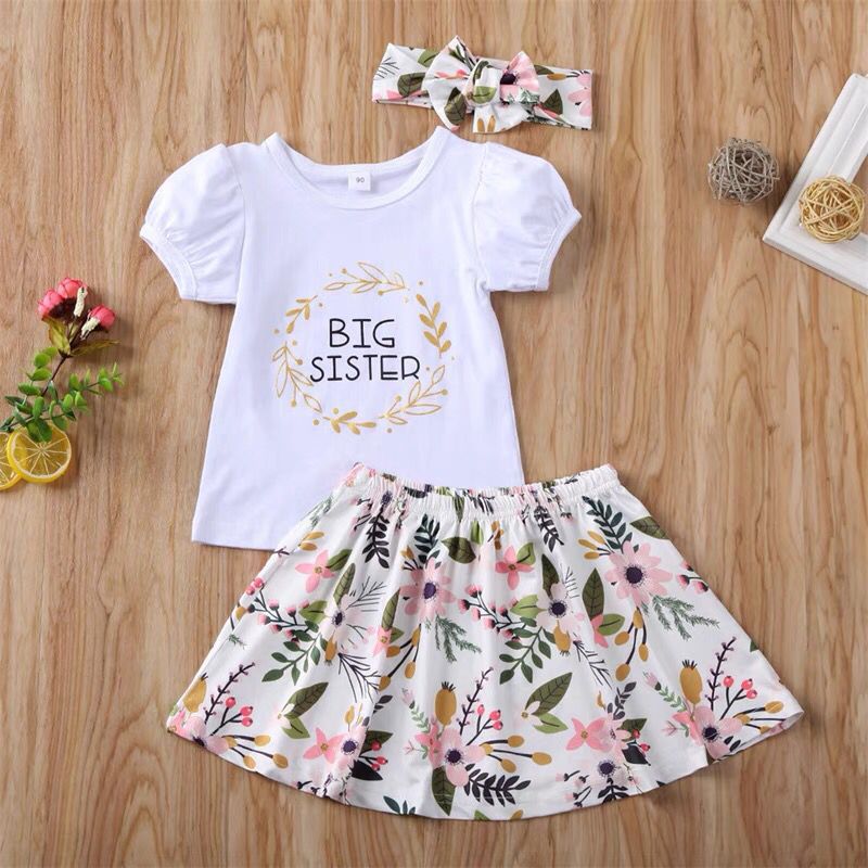 Summer baby girl baby Sister Sister T-shirt princess skirt hair band set Big Little Sister Short-sleeved three-piece suit 