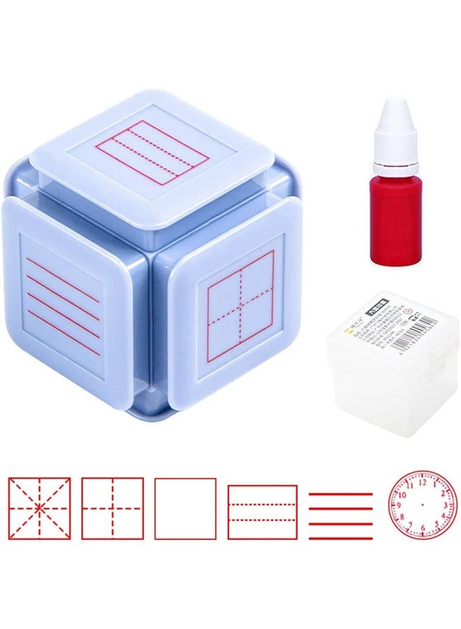Kids Educational Six-side Seal Clock Stamp Teaching Aids Toy Learning Recognition Tian Character Grid Stamp,Square Grid Seal Primary School  Children's Pinyin Learning(blue）  - Image 1