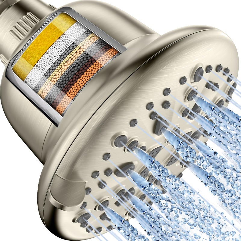 Cobbe Filtered Shower Head 7 Modes High Pressure Shower Heads 16 Stage Shower Head Filter for Hard Water for Remove Chlorine and Harmful Substances Elegant Brushed Nickel 5 Inch Round