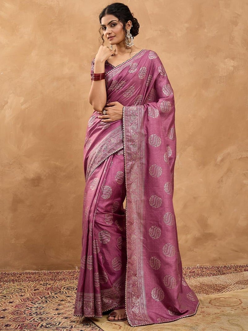 SAREE MALL Women's Purple Dola Silk Foil Printed Saree With Unstitched Blouse Piece(TPTOP2201_MT) - Image 3