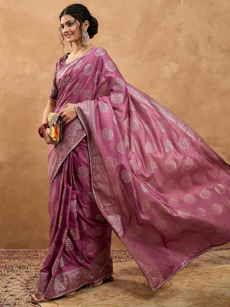 SAREE MALL Women's Purple Dola Silk Foil Printed Saree With Unstitched Blouse Piece(TPTOP2201_MT) - Image 5