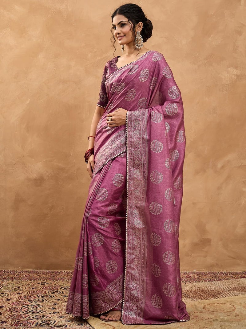 SAREE MALL Women's Purple Dola Silk Foil Printed Saree With Unstitched Blouse Piece(TPTOP2201_MT) - Image 4