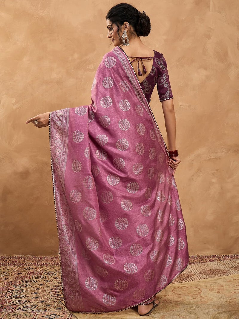 SAREE MALL Women's Purple Dola Silk Foil Printed Saree With Unstitched Blouse Piece(TPTOP2201_MT) - Image 2
