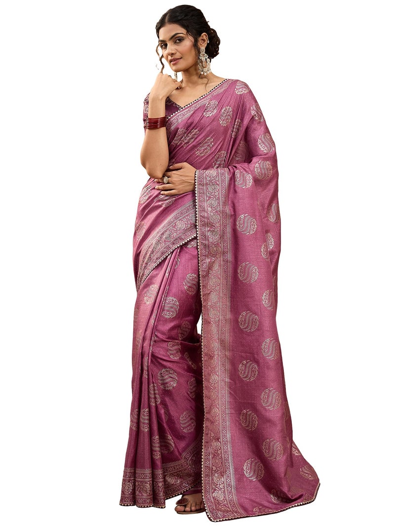 SAREE MALL Women's Purple Dola Silk Foil Printed Saree With Unstitched Blouse Piece(TPTOP2201_MT) - Image 1