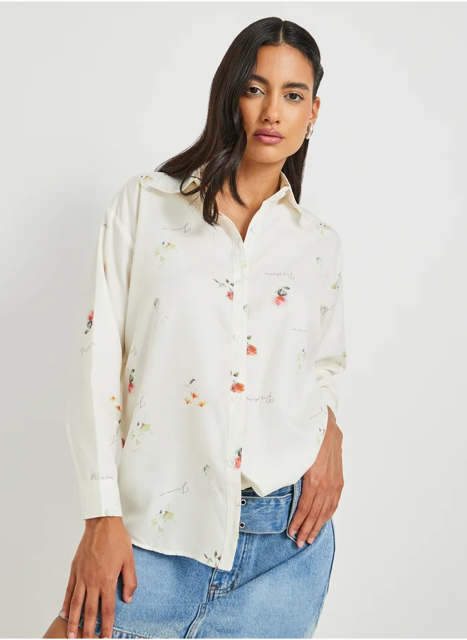 ستايلي Floral Print Spread Collar Oversized Shirt