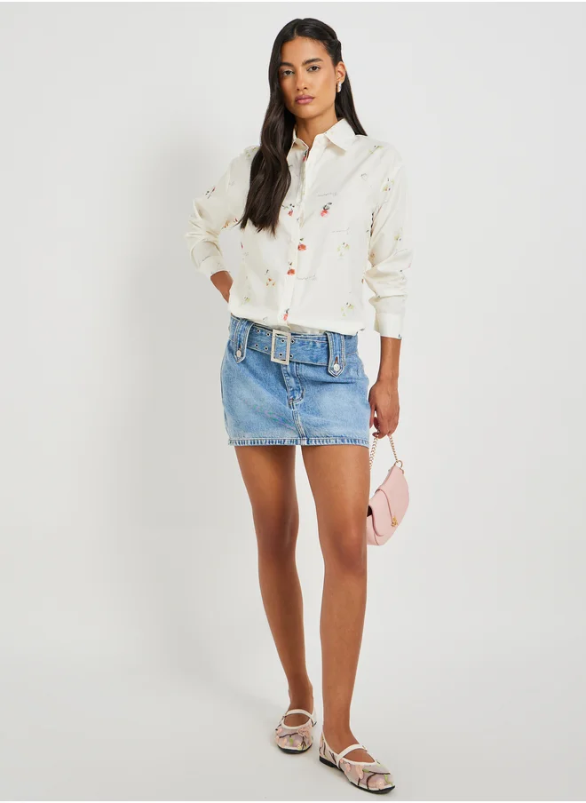 ستايلي Floral Print Spread Collar Oversized Shirt