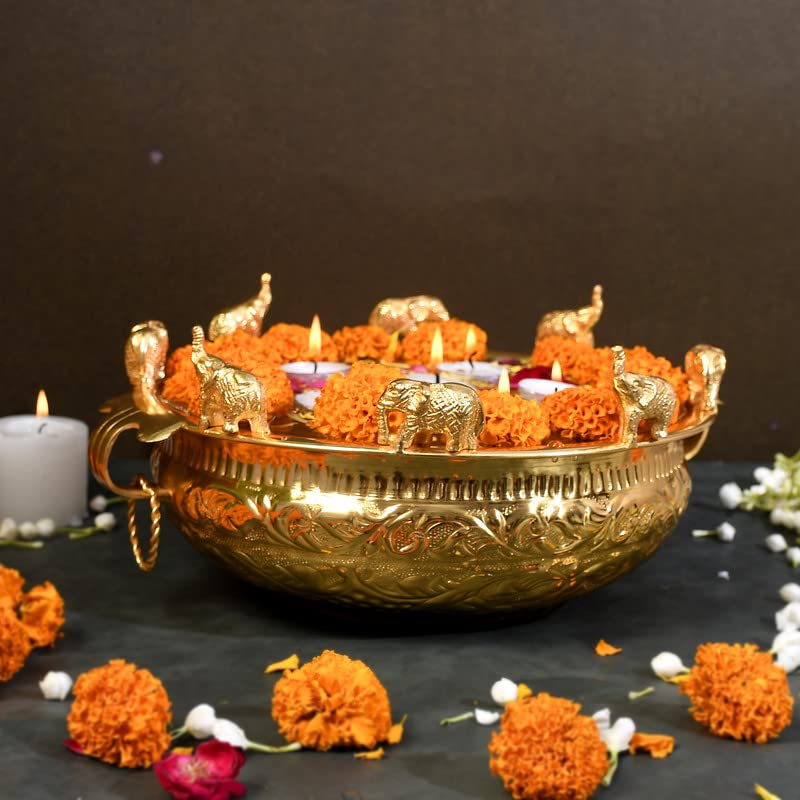 JAIPUR ACE JAIPUR ACE Decorative Running Elephant Pure Brass Gold Plated Urli with Handle l Urli for Home Decor l Ideal for Gifting Pooja and Decoration l Weight 900 Gm 8 Diameter 45 Height - Image 2