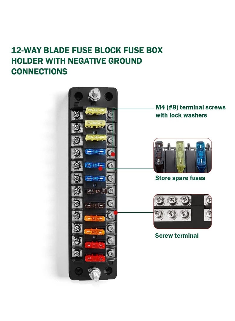 KASTWAVE 12 Way Blade Fuse Block,12 Circuit ATC/ATO Fuse Box Holder with LED Indicator Waterproof Protection Cover Sticker for Automotive Truck Boat Marine RV - Image 2