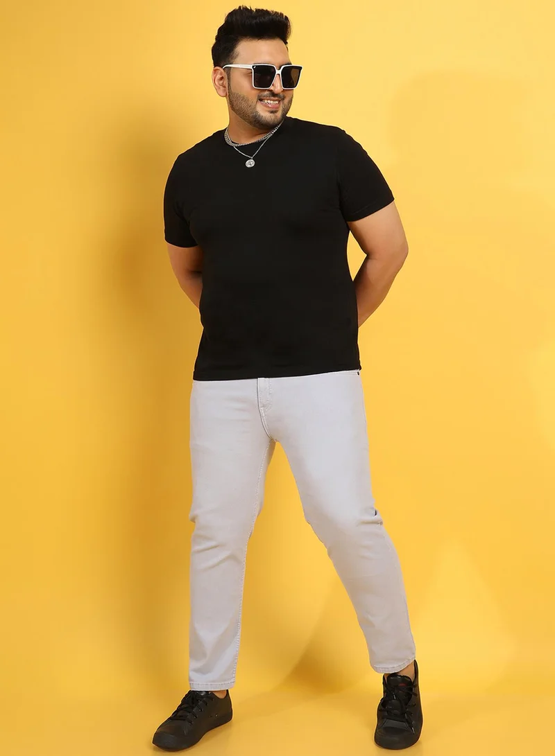 انستافاب بلس جينز رجالي دينم رمادي فاتح سادة للملابس الكاجوال مقاس كبير بخصر مريح وإغلاق بأزرار