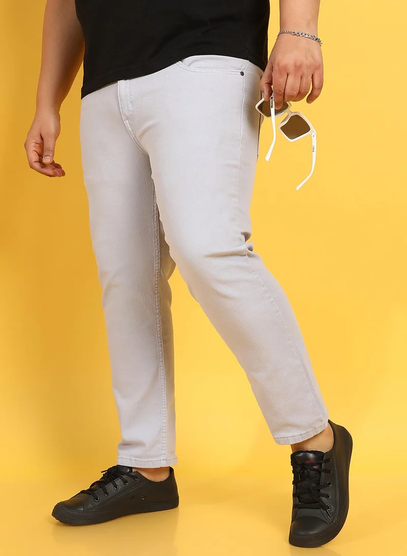 انستافاب بلس جينز رجالي دينم رمادي فاتح سادة للملابس الكاجوال مقاس كبير بخصر مريح وإغلاق بأزرار