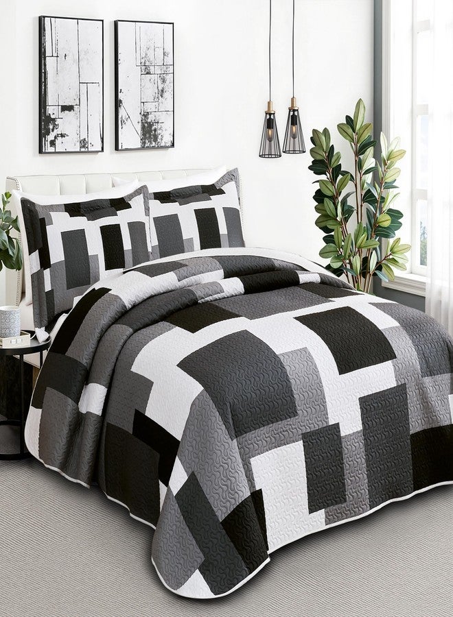 Tyrot 3 Piece Black Grey Quilt Set California King Size Black White Geometric Reversible Bedding Set Microfiber Lightweight Bedspread Coverlet with 2 Sham Modern Bed Covers for All Season, 118''x106'' - Image 2
