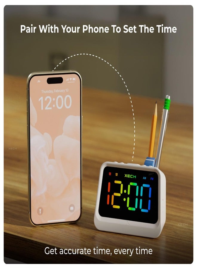 Xech ساعة منبه رقمية من Xech مع حامل أقلام | قابلة للشحن، منبهان مزدوجان بصوت عالٍ، مزامنة تلقائية للوقت عبر البلوتوث، ساعة مكتب متعددة الألوان | هدية للأطفال والرجال والنساء | منظم طاولة للدراسة (بريزم لايت) - Image 3