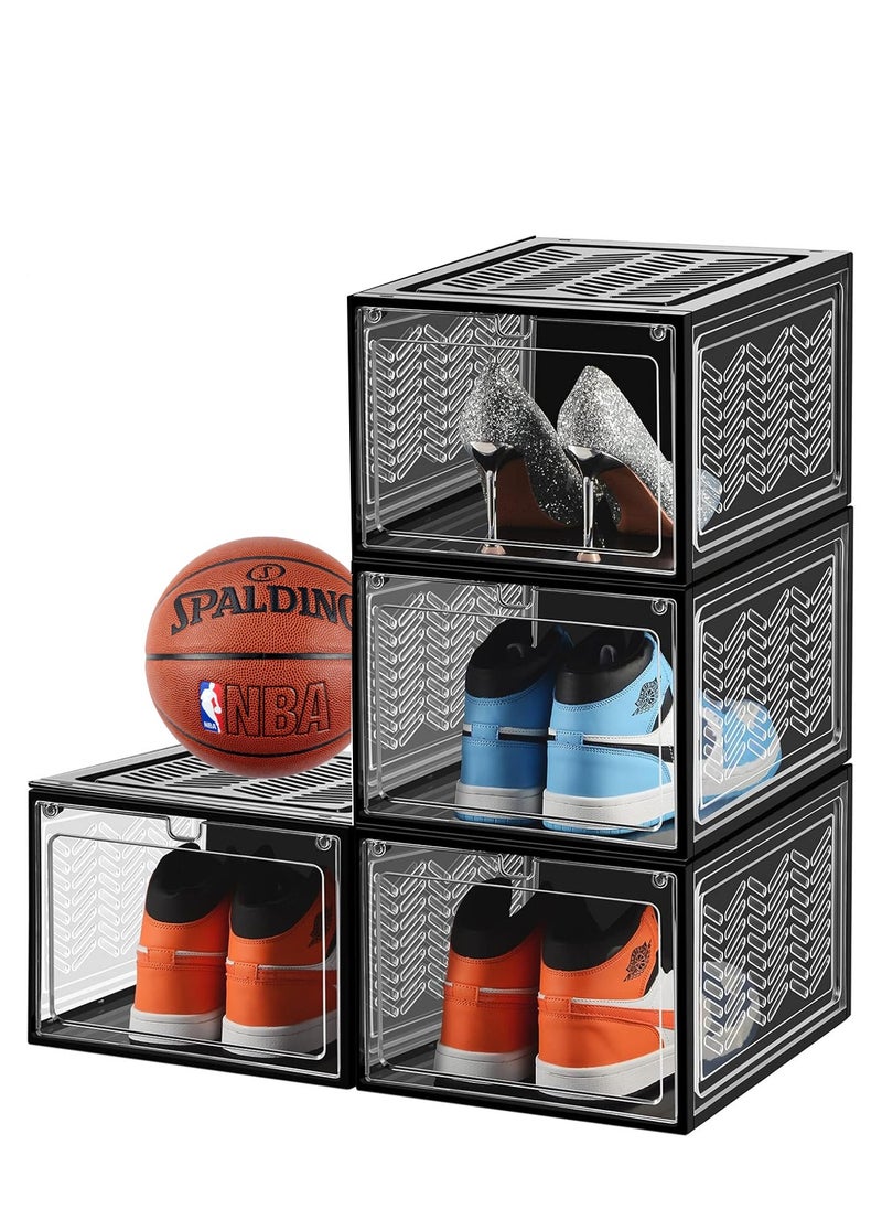 Arabest Shoe Storage Box, 4 Pack Shoe Organizer with Transparent Lid, Stackable Storage Container for Shoes Clothes Toys Cosmetics (Black)  - Image 1