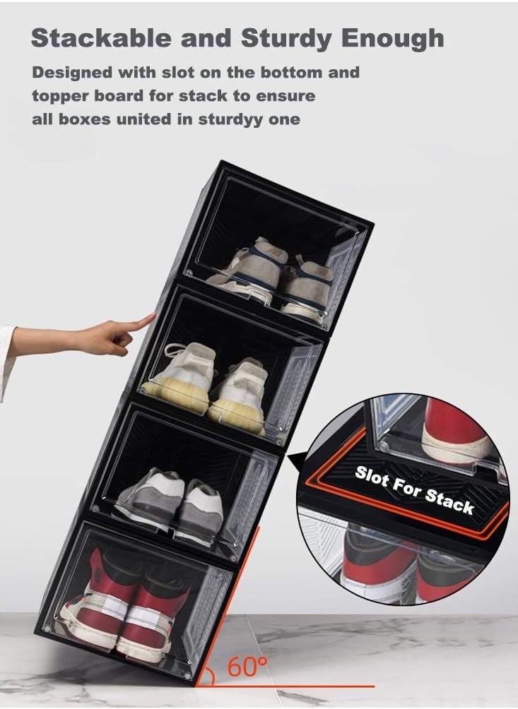 Arabest Shoe Storage Box, 4 Pack Shoe Organizer with Transparent Lid, Stackable Storage Container for Shoes Clothes Toys Cosmetics (Black)  - Image 2