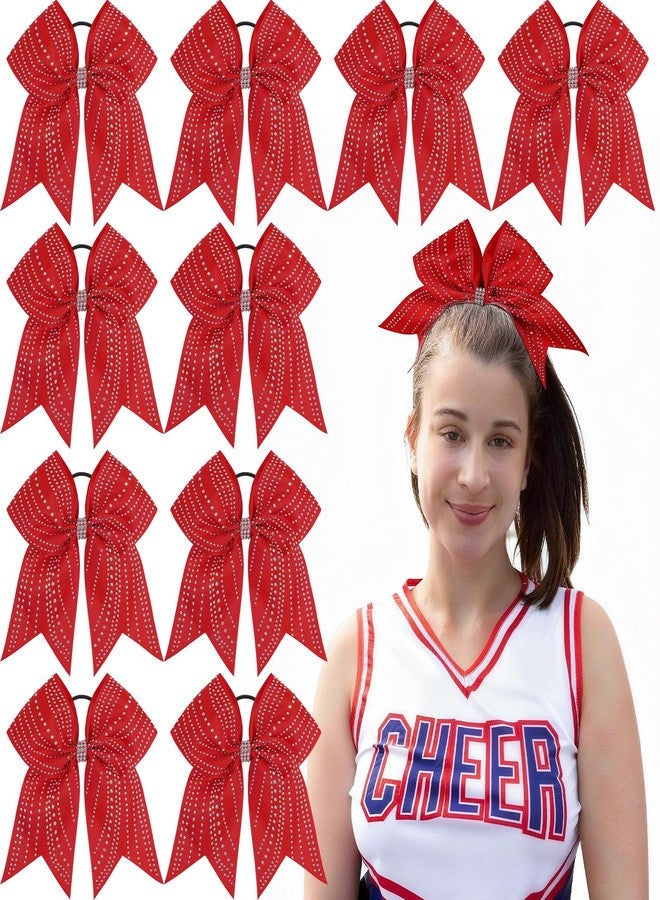 CN 10PCS 7.5" Rhinestones Large Glitter Cheer Hair Bows for Cheerleading, Red Jumbo Cheer Bow with Ponytail Holder for Teen Girls Softball Cheerleader College Sports Competition - Image 1