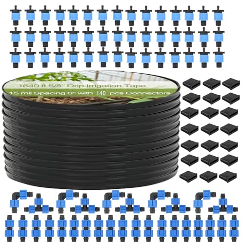 Bandelt 1640 ft 5/8" Drip Irrigation Tape Kit 15 mil Emitter Spacing 6" Flat Drip Tape with 140 PCS Drip Tape Connectors Automatic Irrigation Equipment for Garden Irrigation Emitter Flow:0.79 GPH - Image 1