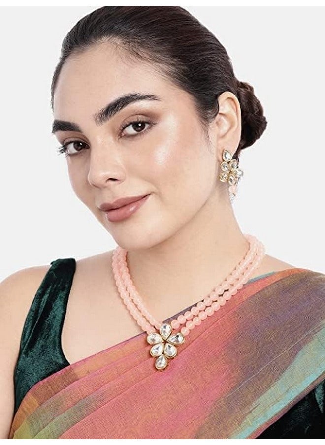 I Jewels I Jewels 18k Gold Plated Traditional Kundan & Pearl Studded Necklace Jewellery Set For Women (ML311) (Peach)  - Image 4