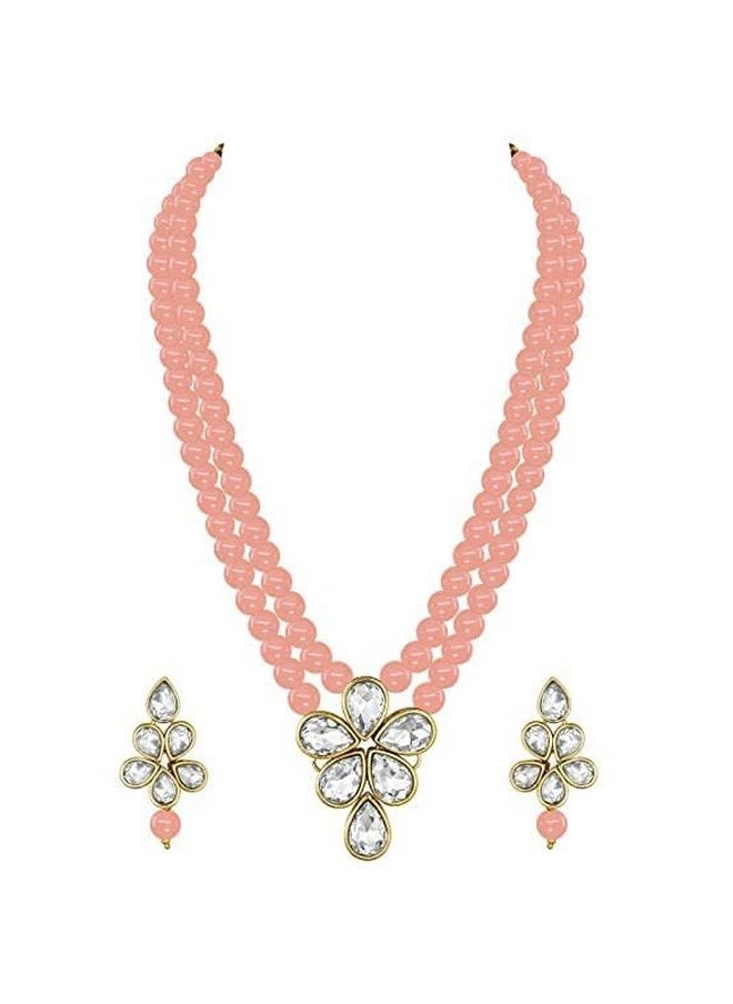 I Jewels I Jewels 18k Gold Plated Traditional Kundan & Pearl Studded Necklace Jewellery Set For Women (ML311) (Peach)  - Image 5