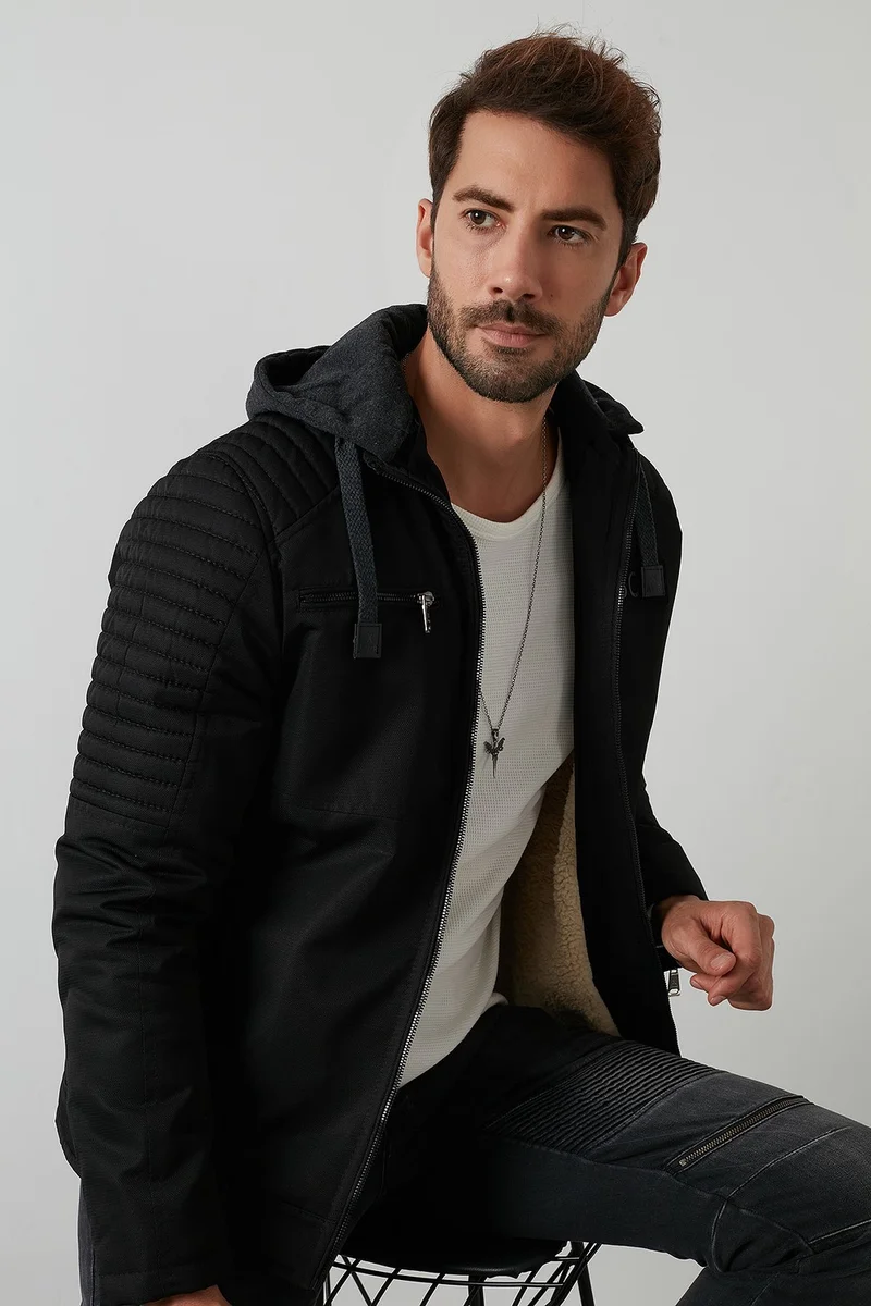 بوراتي Plush Lined Slim Fit Removable Hooded Coat Men's COAT 5855017