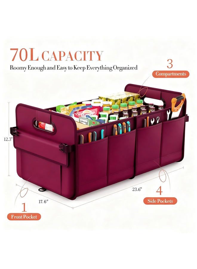 titiyiof Trunk Organizer SUV, Car Organizers and Storage, NOT-FLIMSY ANTI-SLIDE 70L Spacious Collapsible Sturdy Trunk Organizer for Grocery/Car Accessories/Women Men's Gift, Wine Red - Image 2