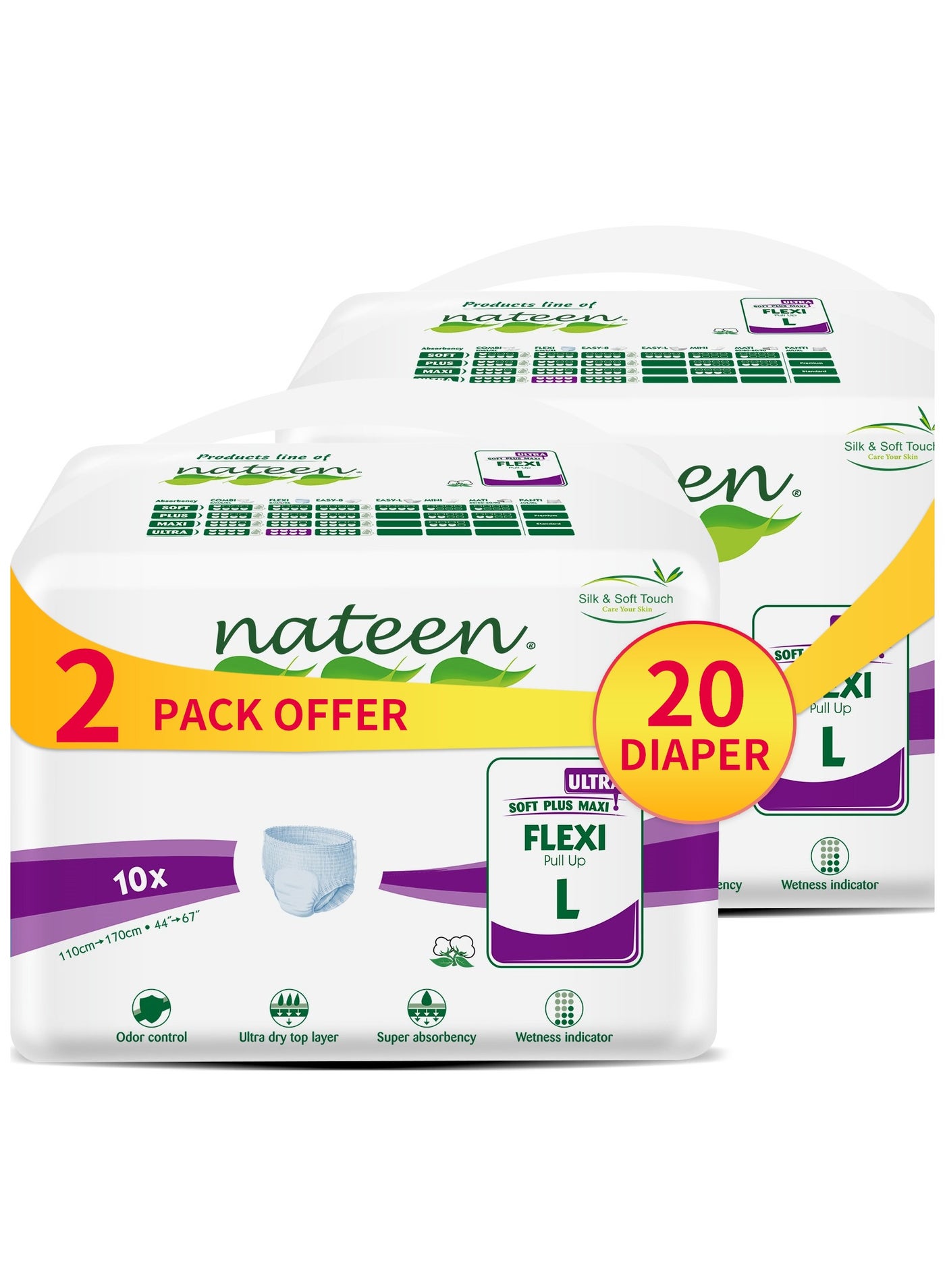 Nateen Flexi Ultra Adult Diapers Pants, ultima absorbency Incontinence Pull Ups, Large,Waist Size 110-170cm,20 Count Adult Pants diaper ,Superior Comfort,Excellent Combination of Protection. (20 Count
