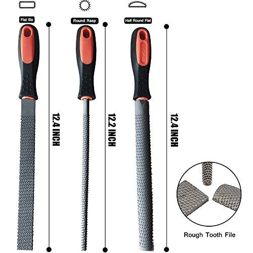 YCAMMIN 8" Wood Rasp File Set with Rubber Grip - Includes Hand Cut Round, Half-Round, and Flat Rasp File Kit - Curved and Flat Tools(3 Pcs) The Color of Packing Bag is Random - Image 5