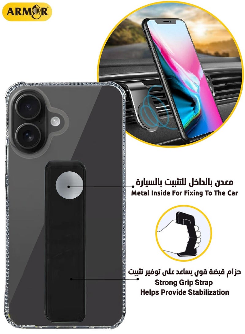 Case Cover For Apple iPhone 16 Plus With Magnetic Hand Grip 3 in 1 Clear / Black - Image 2
