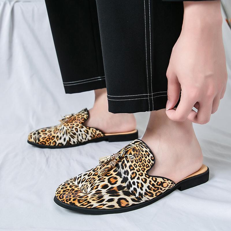 Leopard Print Slippers Large Size 46 Summer Korean Style Leather Shoes Men'S Tassel Casual Toe-Toe Sandals Lazy One-Leg Half Slippers - Image 3