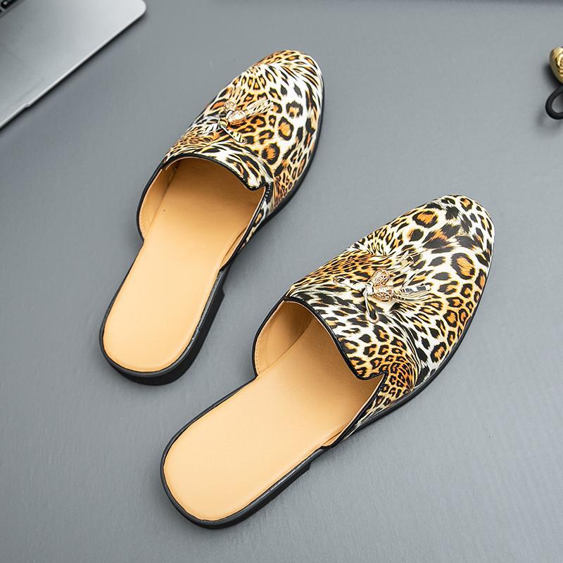 Leopard Print Slippers Large Size 46 Summer Korean Style Leather Shoes Men'S Tassel Casual Toe-Toe Sandals Lazy One-Leg Half Slippers - Image 4