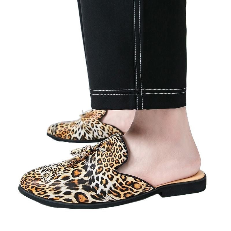 Leopard Print Slippers Large Size 46 Summer Korean Style Leather Shoes Men'S Tassel Casual Toe-Toe Sandals Lazy One-Leg Half Slippers - Image 5