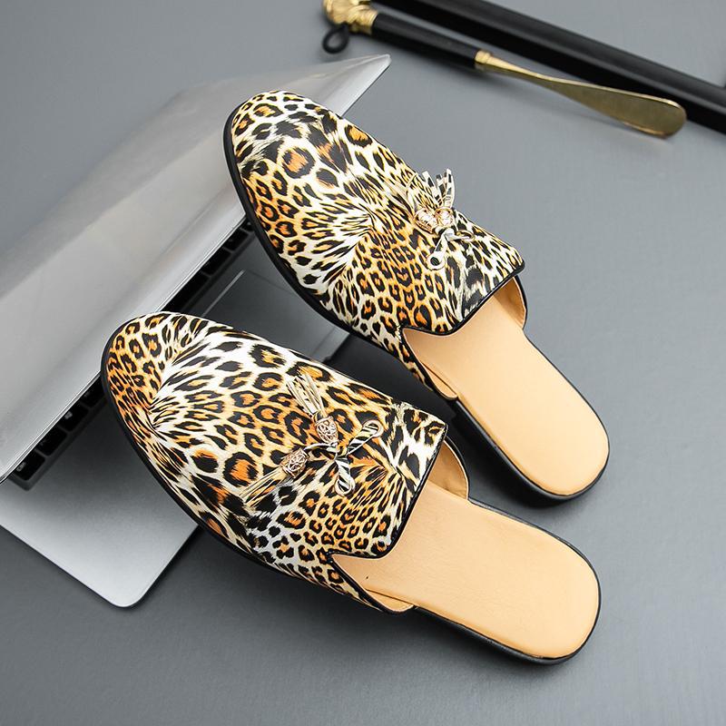 Leopard Print Slippers Large Size 46 Summer Korean Style Leather Shoes Men'S Tassel Casual Toe-Toe Sandals Lazy One-Leg Half Slippers - Image 1