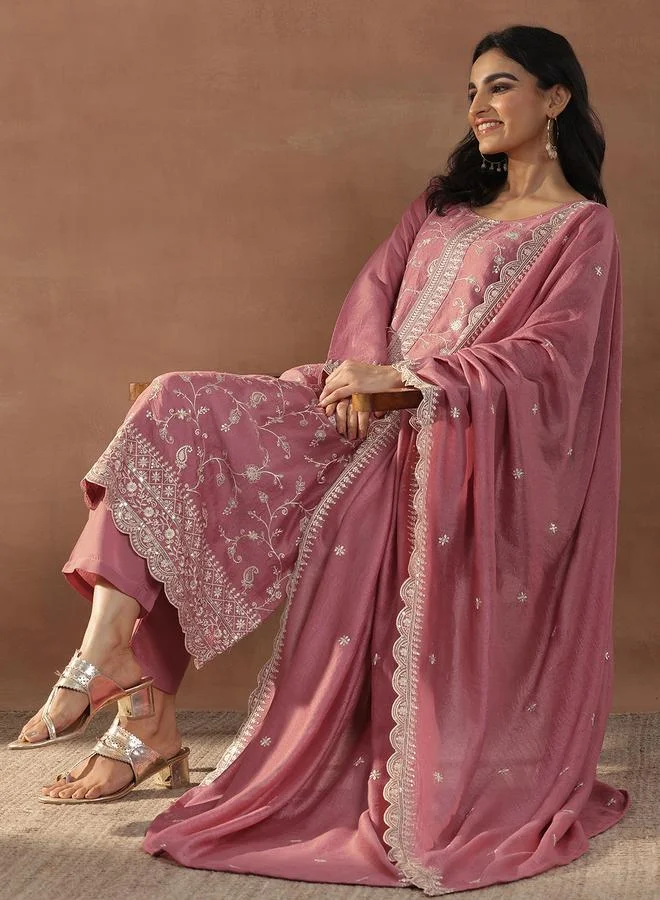 لباس Printed Silk Blend Straight Kurta, Trousers And Dupatta Set