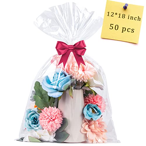 CUDICY 50pcs Cellophane Bags 12x18 Cellophane Wrap Goodie Bags Large Clear Gift Bag Party Favors Bag Clear Treat Wraps with Ties Plastic Gift Packaging Wraps for Cookie Candy - Image 1