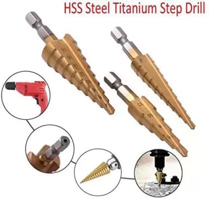 ISC ISC 3Pcs HSS Titanium Step Drill Bit Set High Speed Steel Cone Drill Bits Multiple Hole Cutting Double Cutting Blades 25mm Hex Shank Drive Kits - Image 2