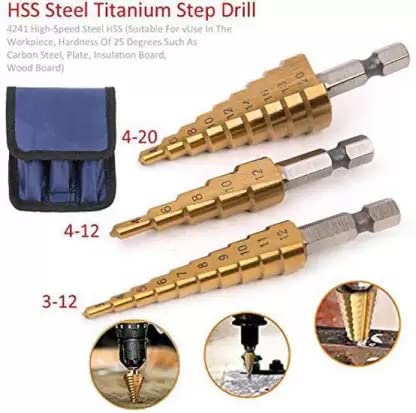 ISC ISC 3Pcs HSS Titanium Step Drill Bit Set High Speed Steel Cone Drill Bits Multiple Hole Cutting Double Cutting Blades 25mm Hex Shank Drive Kits - Image 3