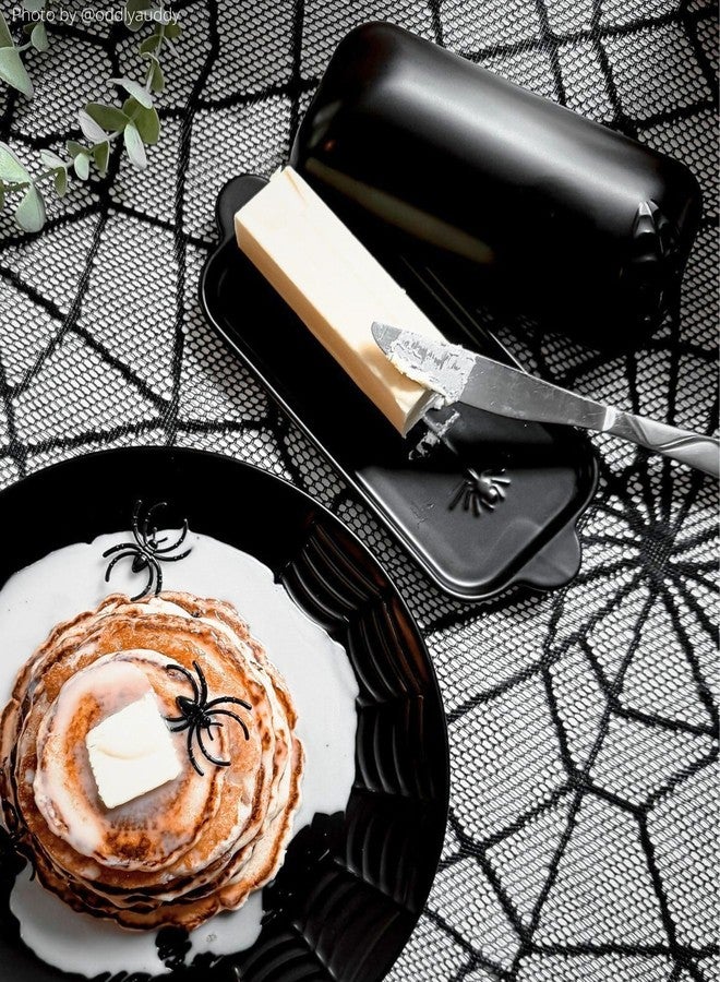 Nomnu Spiderweb Butter Dish With Lid (Porcelain) - Black Matte Halloween Goth Butter Dish Set with Embossed Spider and Spiderweb - Spooky Kitchen Utensils - Gothic Kitchen Housewarming Gifts - Image 2