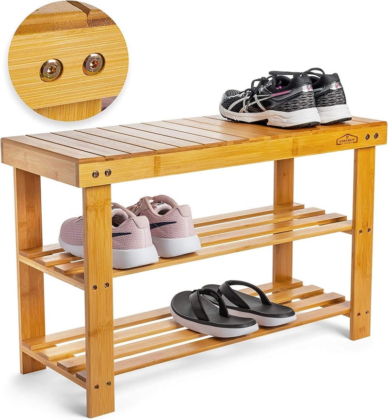 Matiko Living Bamboo 3 Tier Shoe Rack Bench Premium Shoe Organizer or Entryway Bench Perfect for Shoe Cubby Entry Bench Bathroom Bench Entryway Organizer Hallway or Living Room - Image 1