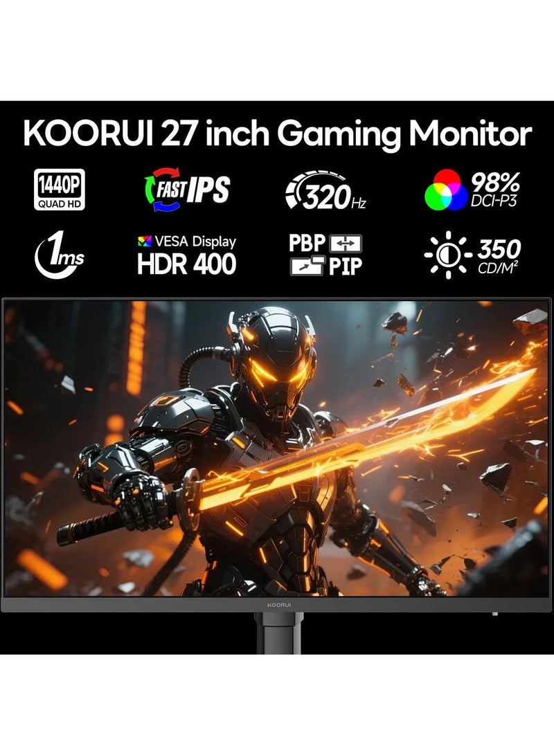 KOORUI 27 Inch 320Hz Gaming Monitor, QHD 1440P, Fast IPS, 1ms, HDR400, Adaptive Sync, Eye Care, 99% sRGB, Height Adjustable, Pivot, HDMI 2.1 & DP 1.4 - Image 2