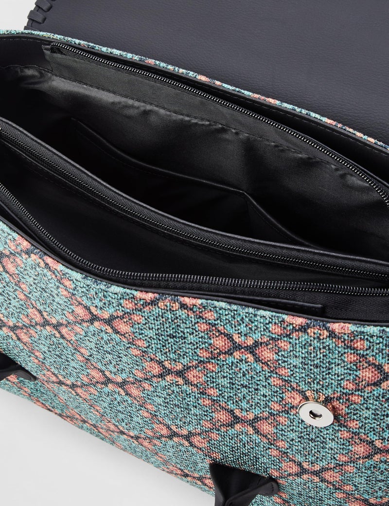 ZOUK Kolkata Nouveau Motif Printed Jute Handcrafted Vegan Leather Green Women's Satchel Bag | Ladies Purse Handbag | Double Handle Detachable Strap - Image 5