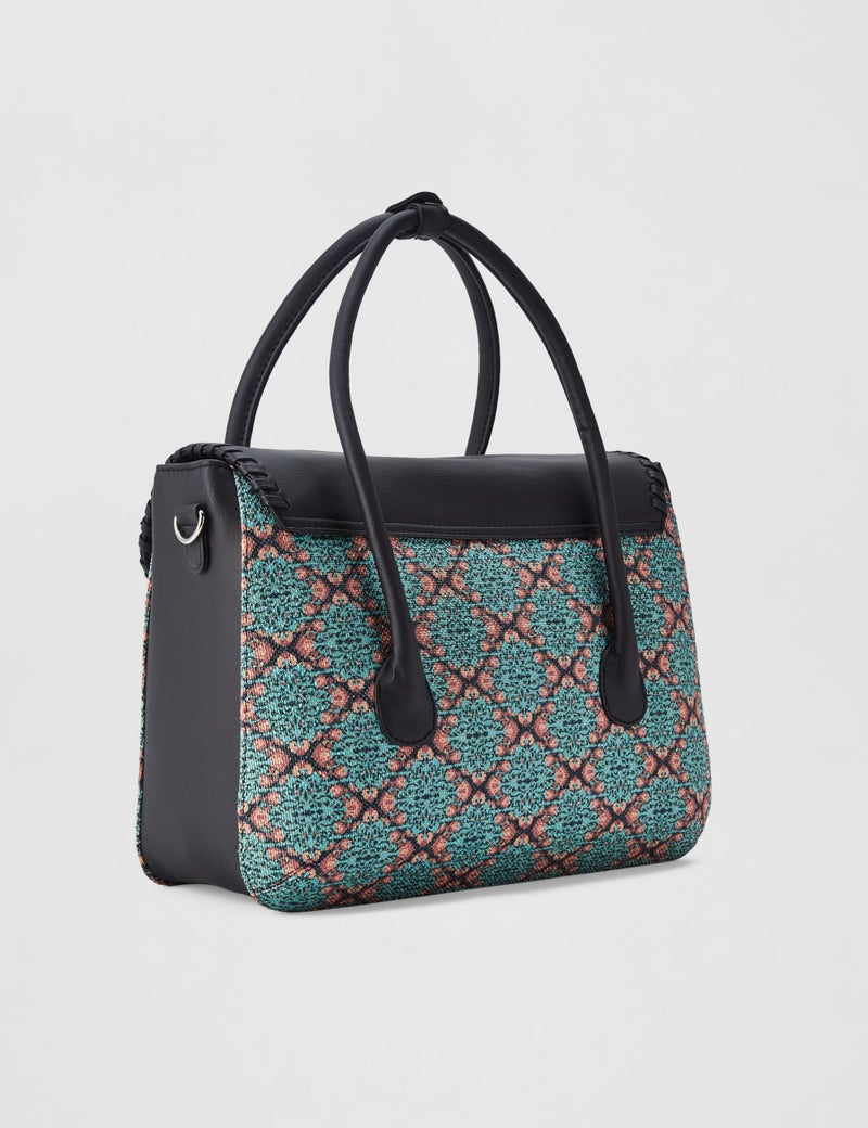 ZOUK Kolkata Nouveau Motif Printed Jute Handcrafted Vegan Leather Green Women's Satchel Bag | Ladies Purse Handbag | Double Handle Detachable Strap - Image 3