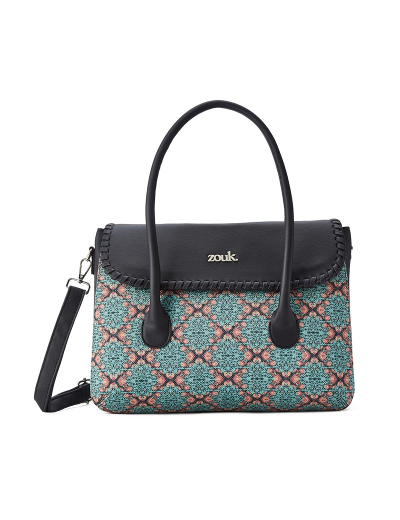 ZOUK Kolkata Nouveau Motif Printed Jute Handcrafted Vegan Leather Green Women's Satchel Bag | Ladies Purse Handbag | Double Handle Detachable Strap - Image 1
