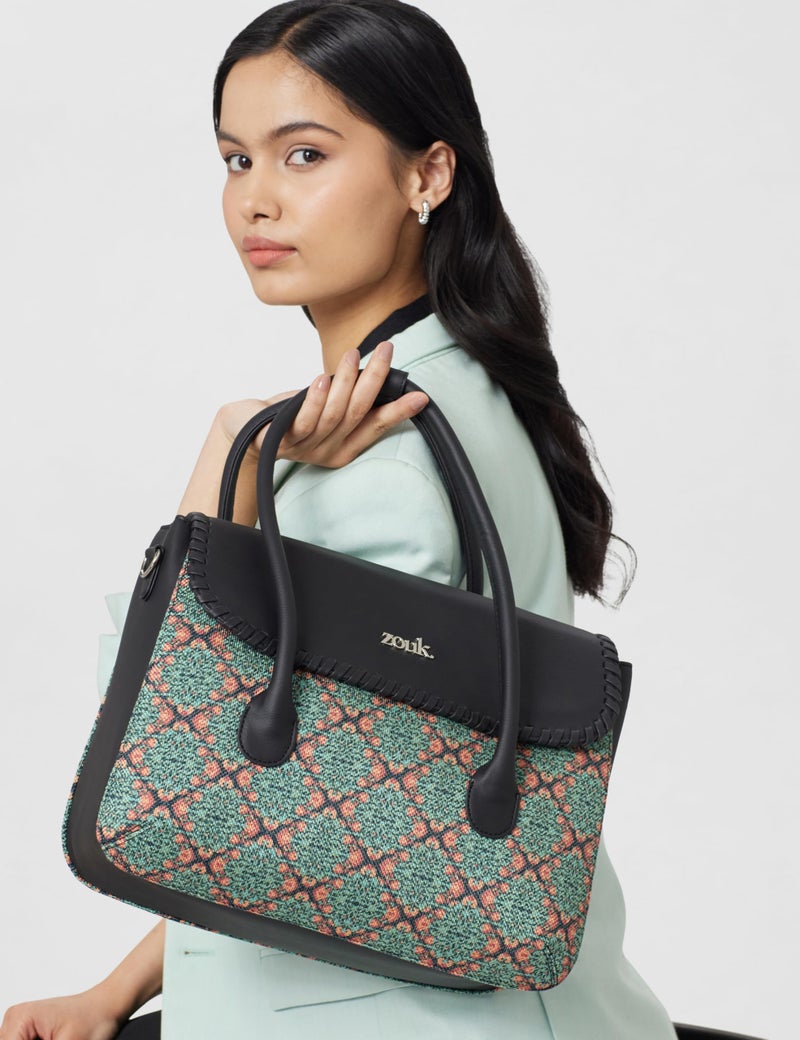 ZOUK Kolkata Nouveau Motif Printed Jute Handcrafted Vegan Leather Green Women's Satchel Bag | Ladies Purse Handbag | Double Handle Detachable Strap - Image 2