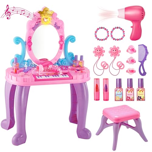 MOEAWS Vanity Makeup Table Toy for Kids Toddler Girl Pretend Play Makeup Accessories Princess Dress Up Set Music Piano Lights Adjustable Mirror Hairdryer Mermaid Table Chair Kit Birthday Gift - Image 1