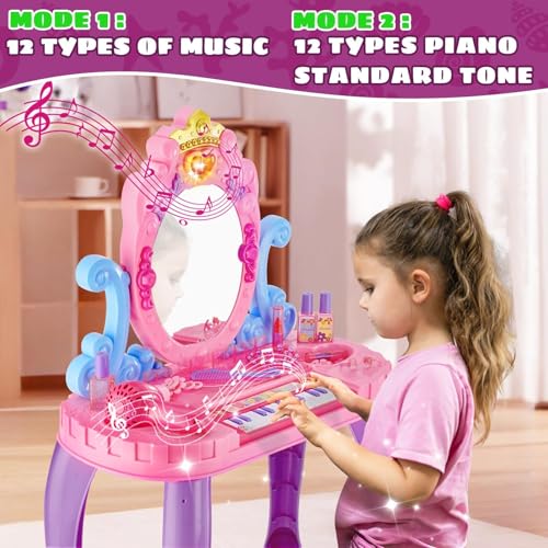 MOEAWS Vanity Makeup Table Toy for Kids Toddler Girl Pretend Play Makeup Accessories Princess Dress Up Set Music Piano Lights Adjustable Mirror Hairdryer Mermaid Table Chair Kit Birthday Gift - Image 5