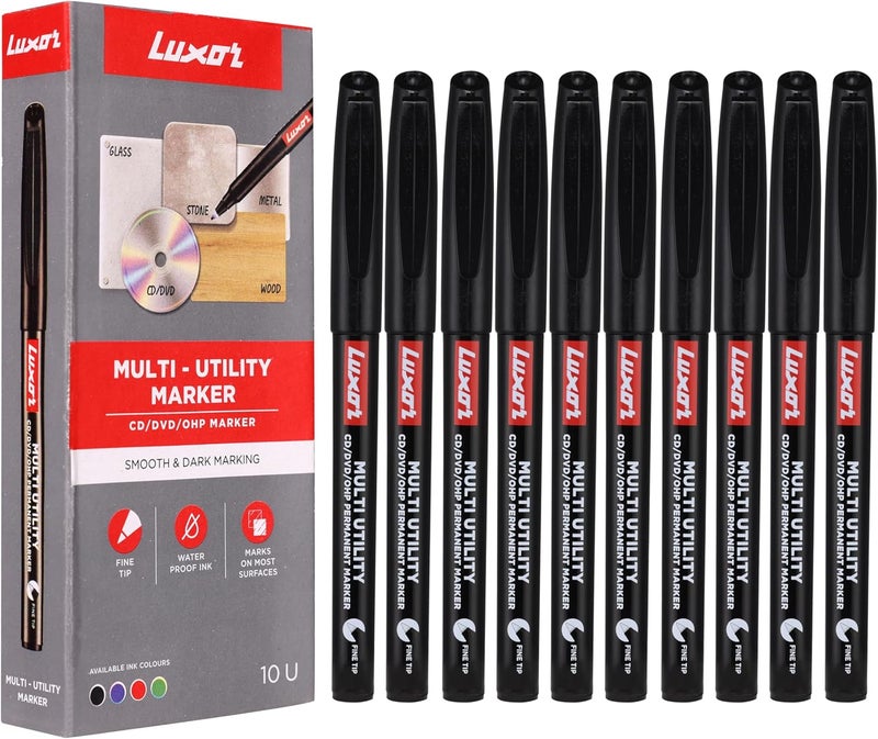 Luxor CD/DVD/OHP Marker in Classic Black, Pack of 10, Ideal for Clear and Permanent Markings on Discs and Overheads - Image 1