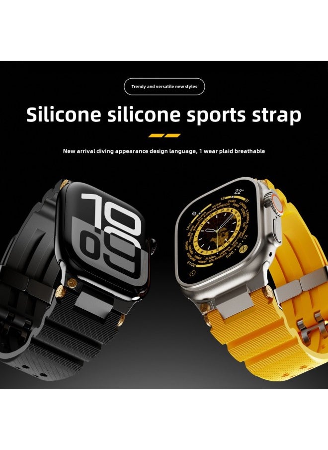 Generic Silicone For Apple Watch10 Apple Ultra Sport Silicone Double-breasted Stainless Steel Head Strap-Color:04#Silver Yellow-Dimensions:42/44/45/46/49MM  - Image 2
