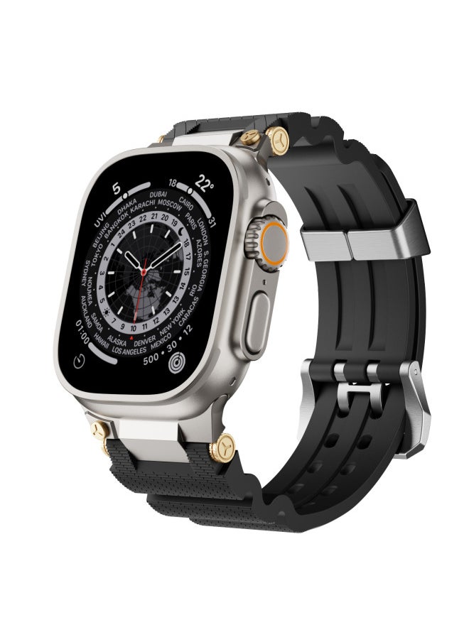 Generic Silicone For Apple Watch10 Apple Ultra Sport Silicone Double-breasted Stainless Steel Head Strap-Color:04#Silver Yellow-Dimensions:42/44/45/46/49MM  - Image 5