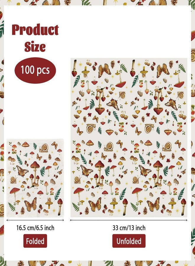 Grencian 100Pcs Vintage Mushroom Paper Napkins 3 Ply Woodland Forest Theme Disposable Absorbent Hand Towels Mushroom Plants Party Guest Napkins for Kids Boys Girls Spring Baby Shower Birthday Party Supplies - Image 4